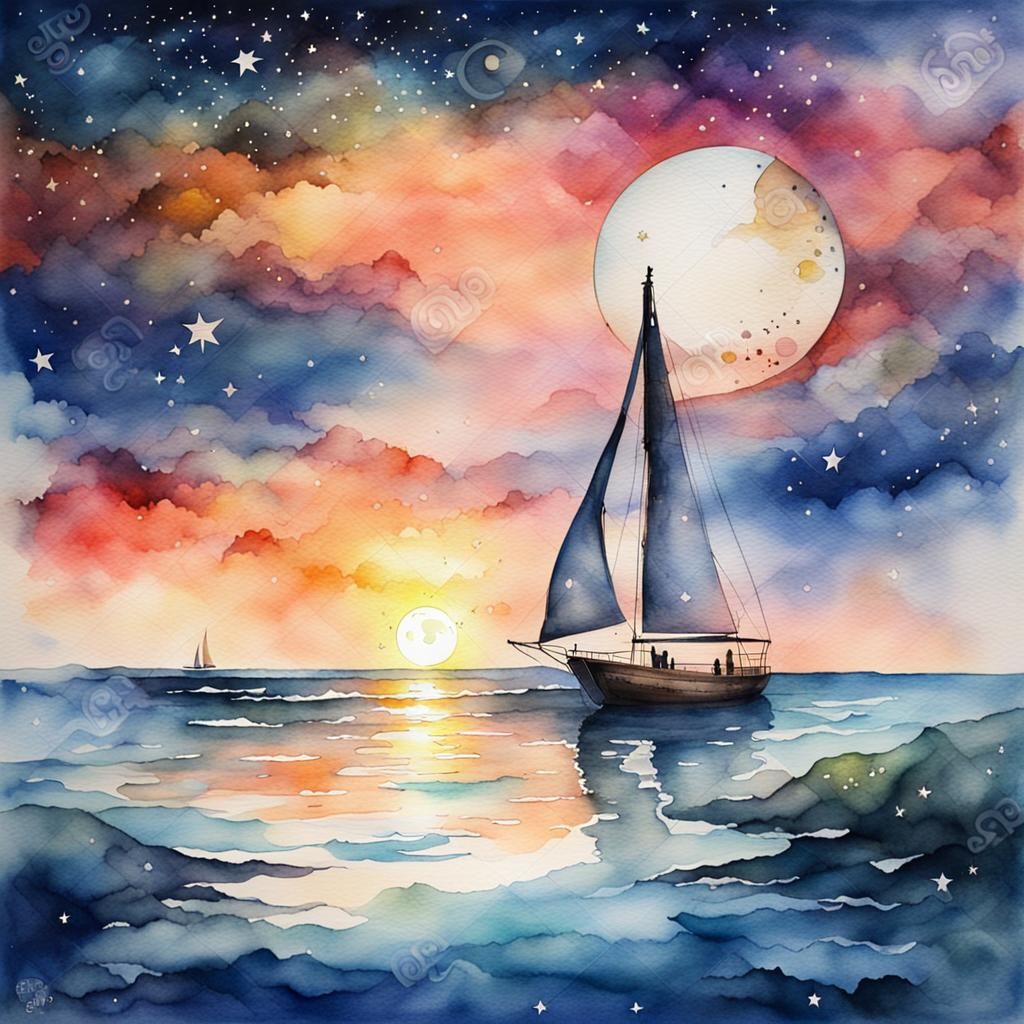 Watercolor Seascape with Lone Sail and Galaxy Sky