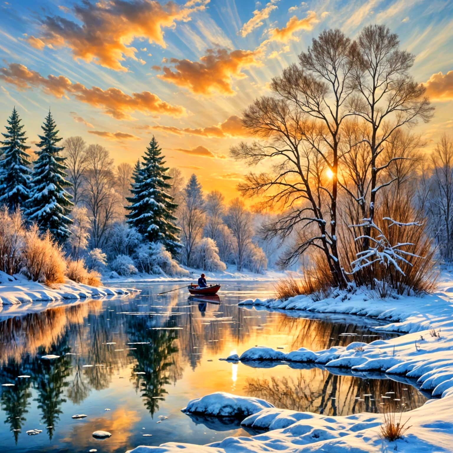 Winter Landscape with Serene Old Fisherman