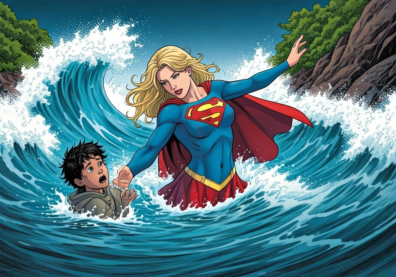 Supergirl Saves Child from Drowning River in Vibrant Manga S...
