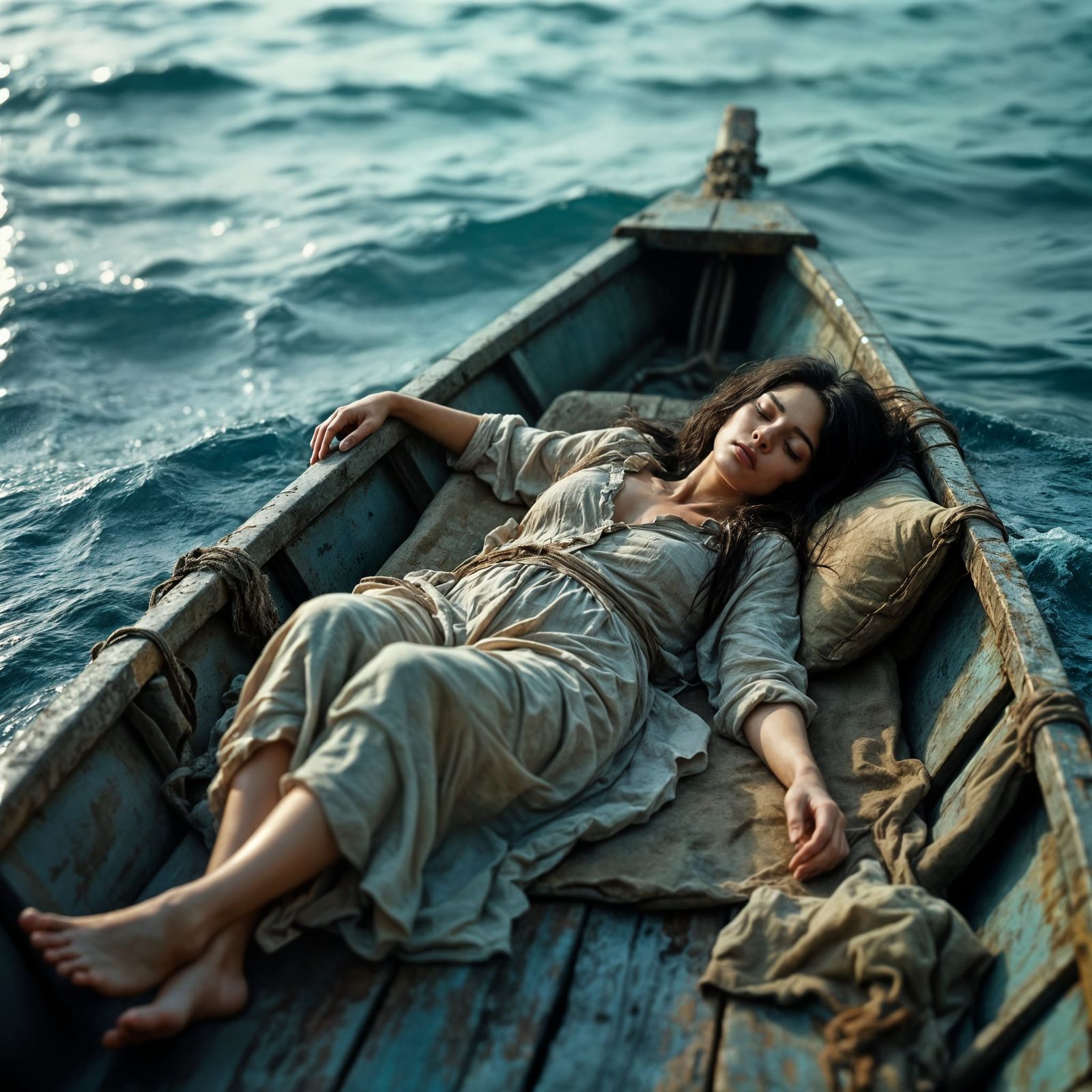 Hyperrealistic Shipwrecked Woman Adrift at Sea