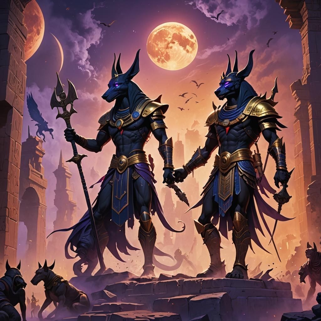 Anubis Slaying Demon in Ancient Egyptian Ruins