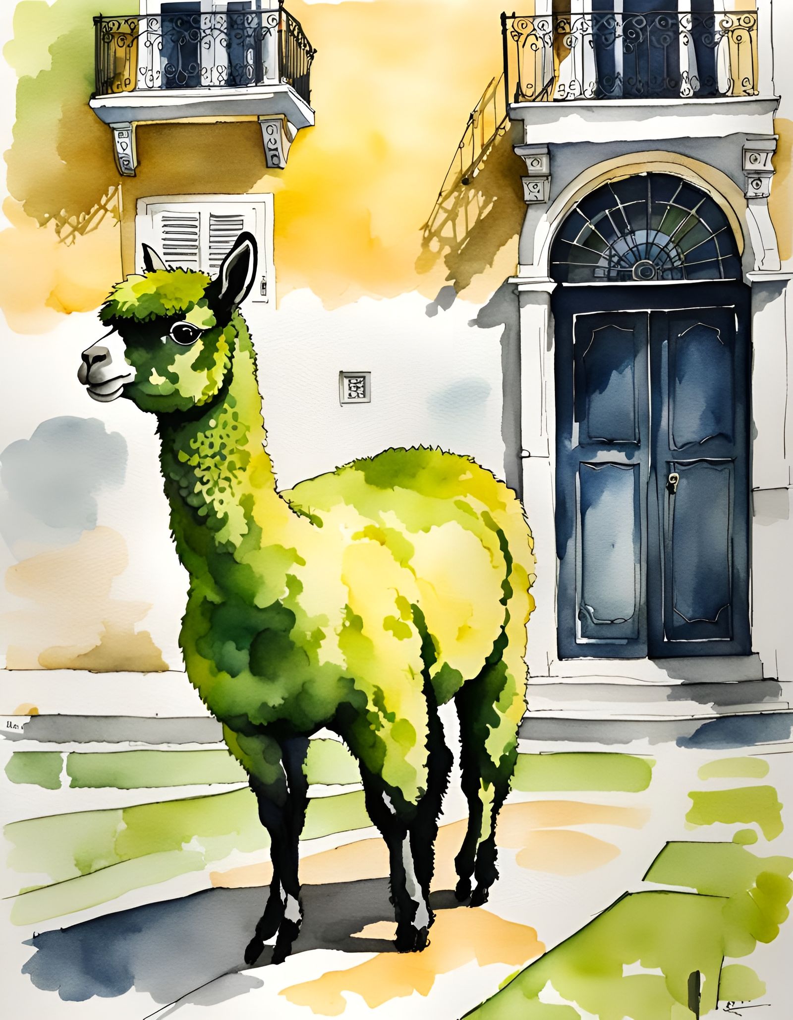 Lime Alpaca in Lisbon: Watercolor and Ink