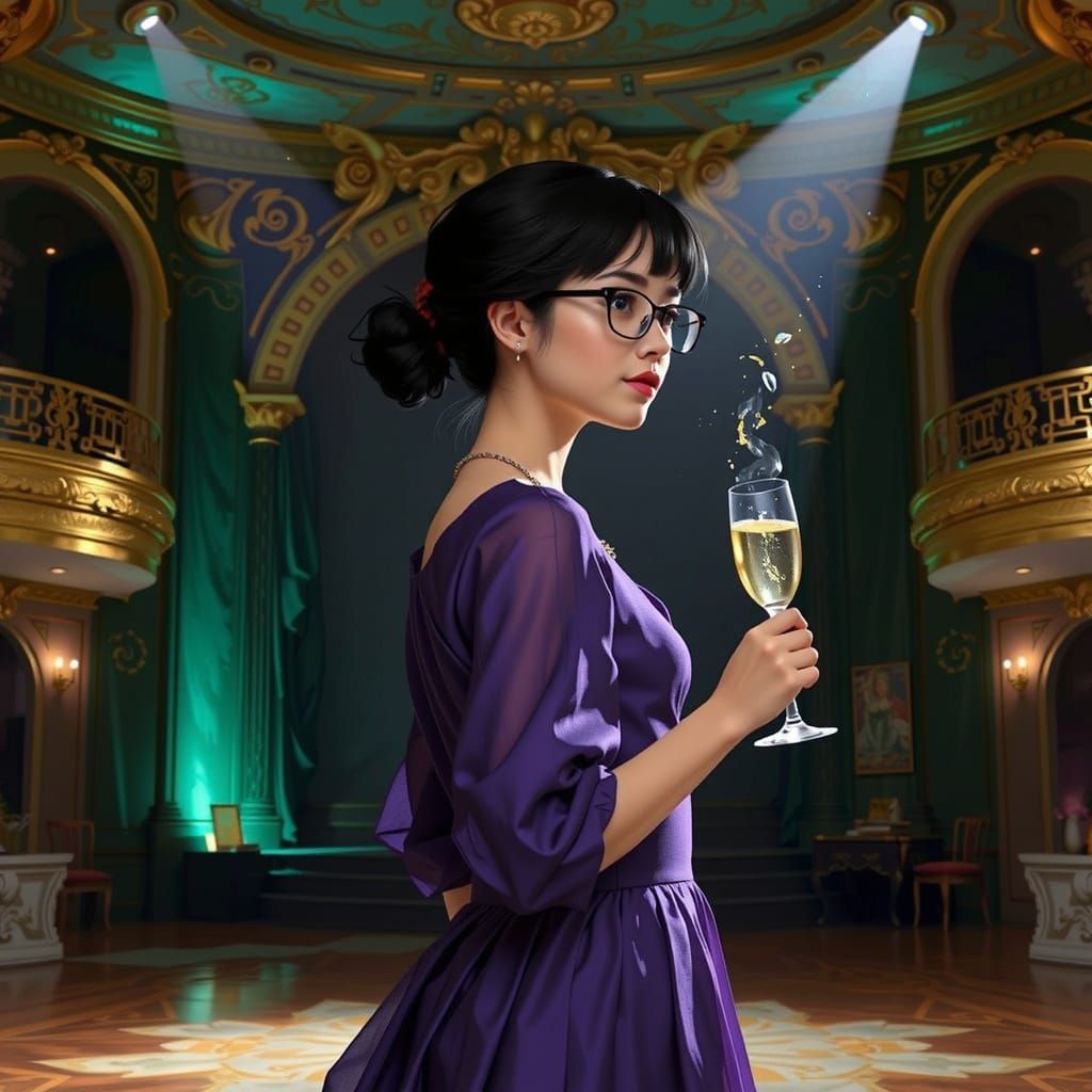 Intellectual Lady in Purple Dress with Champagne