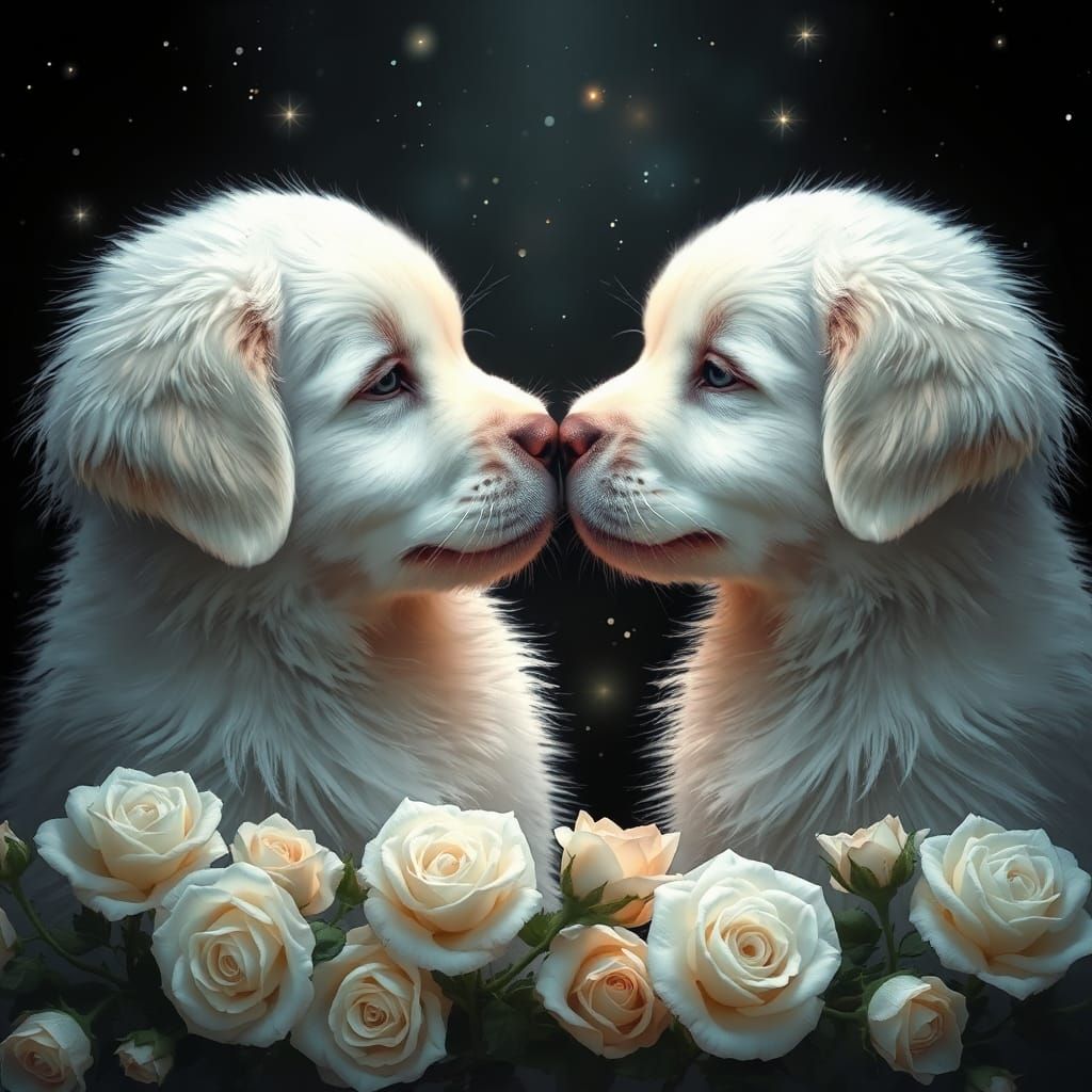 Fluffy Puppies Touching Noses in Magical Starlight