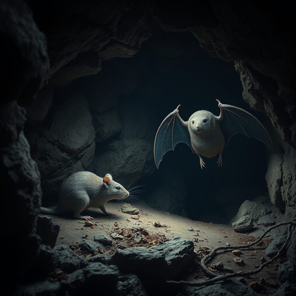Hyperrealistic Rat and Bat Cave Scene