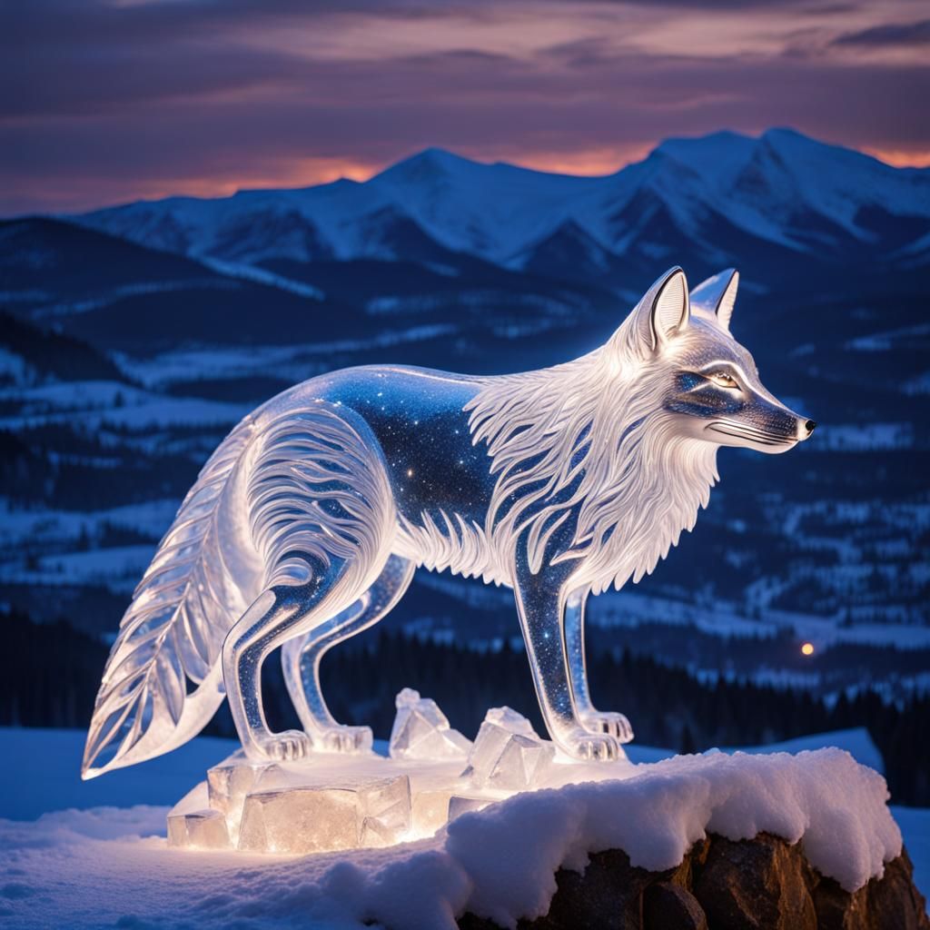 Ice Fox Sculpture Under Starry Night Sky