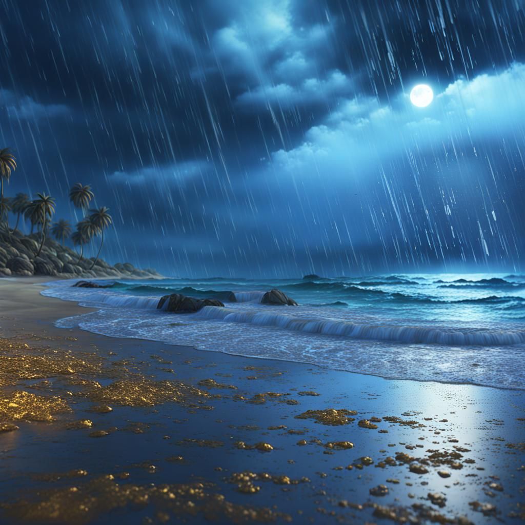 Gold and Blue Rain Over Beach: Fantasy Art