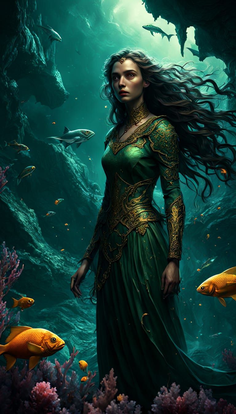 Ice Mermaid Queen in Vibrant Blooms and Metallic Fish