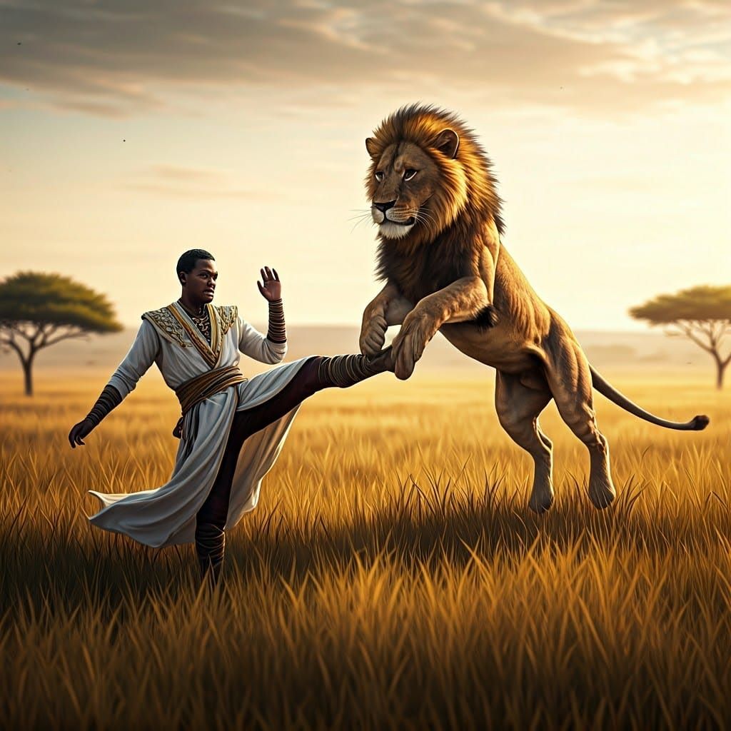 Aurshor Kicks Majestic Lion into Air on the Savannah