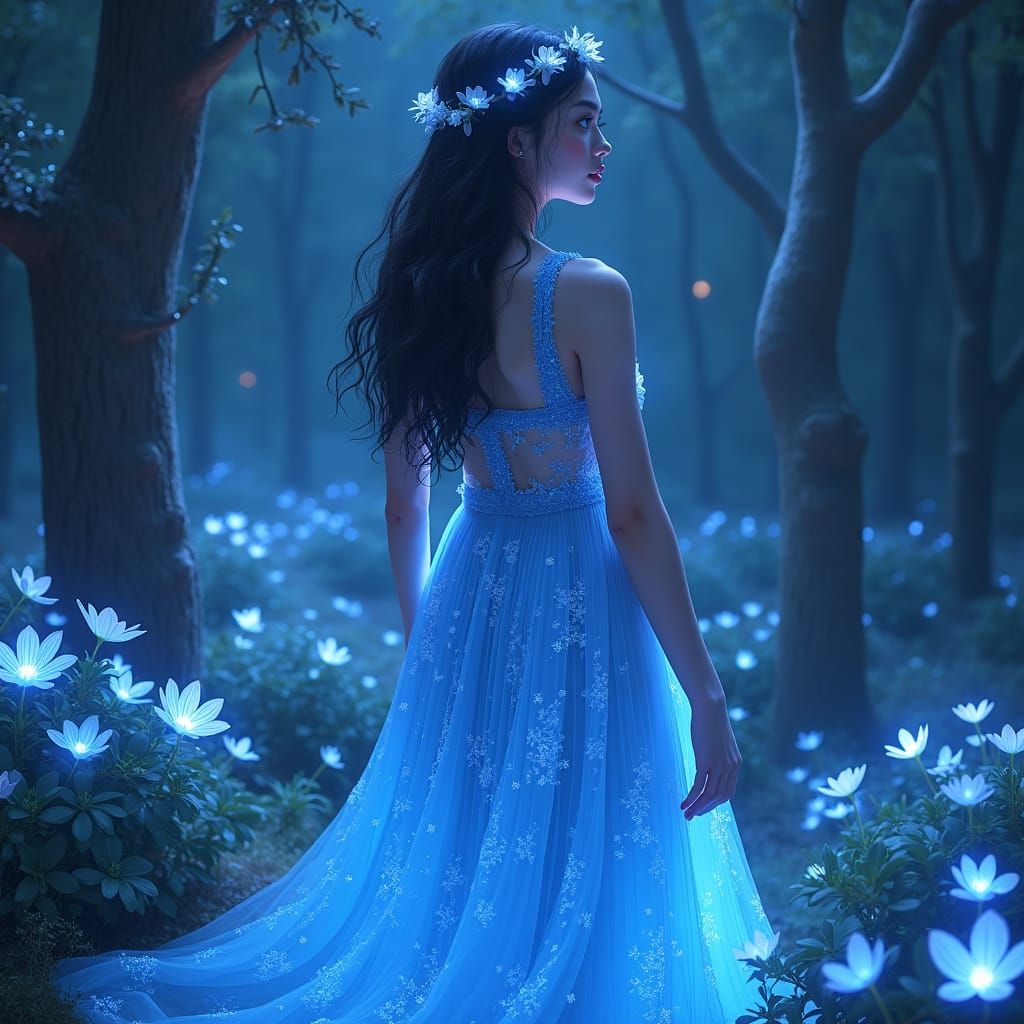 Ethereal Virgo Goddess in Bioluminescent Anime Forest