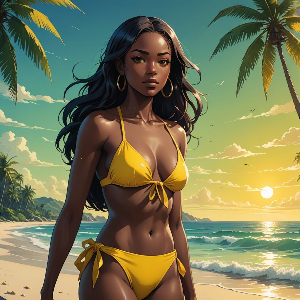 Vibrant Haitian Woman in Yellow Bikini, Anime Illustration S...