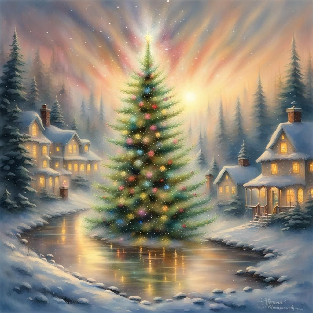 Ethereal Christmas Tree with Ink Splashes, Kinkade Style