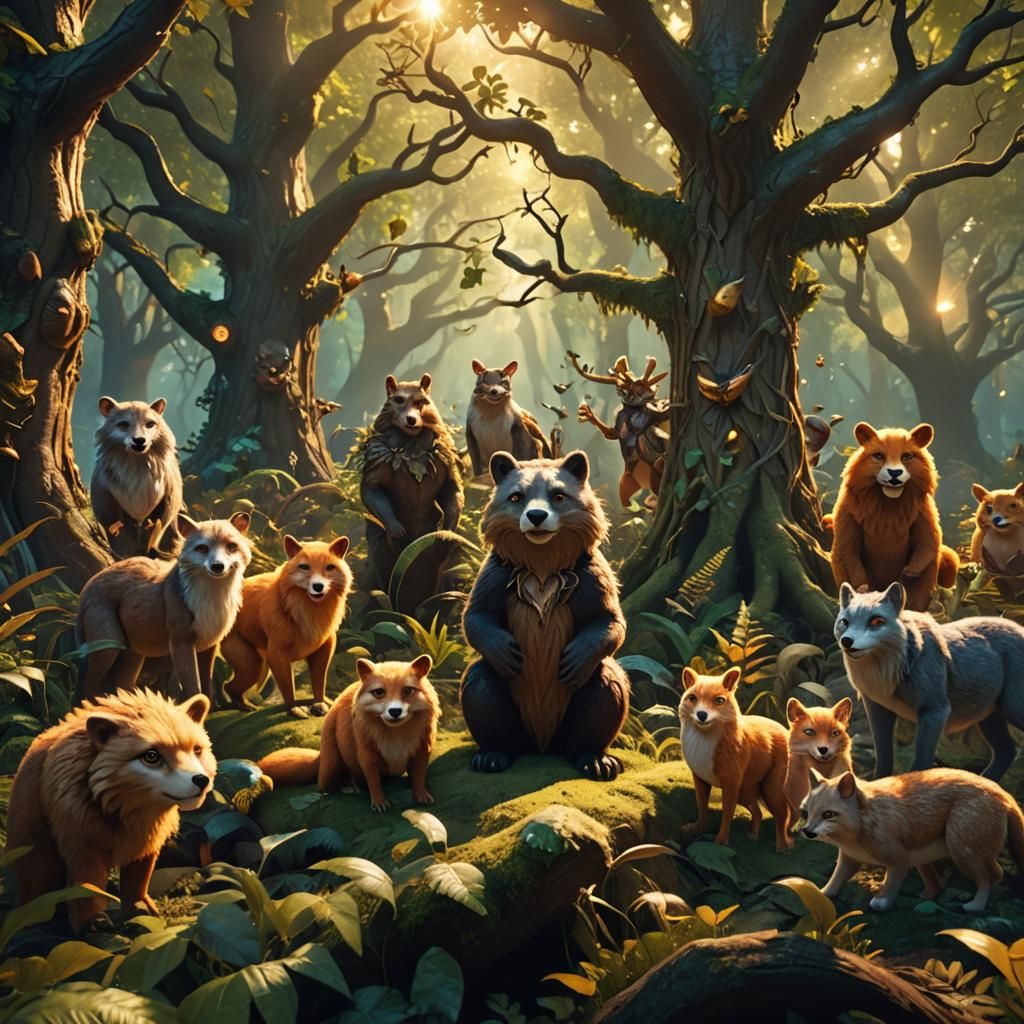 Anthropomorphic Animals Gather in Enchanted Forest