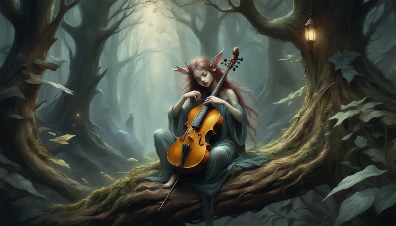 wood whispering music, magical forest décor, mystical mood, ethereal lighting, fantasy, digital painting, detailed folia...