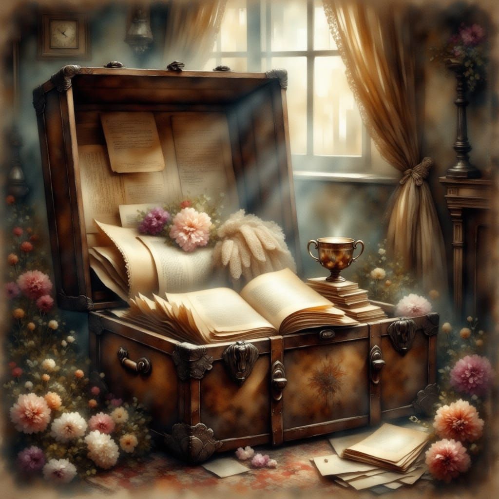 Antique Trunk Filled with Sepia Memories