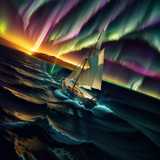 Sailboat on Living Sea with Aurora Borealis