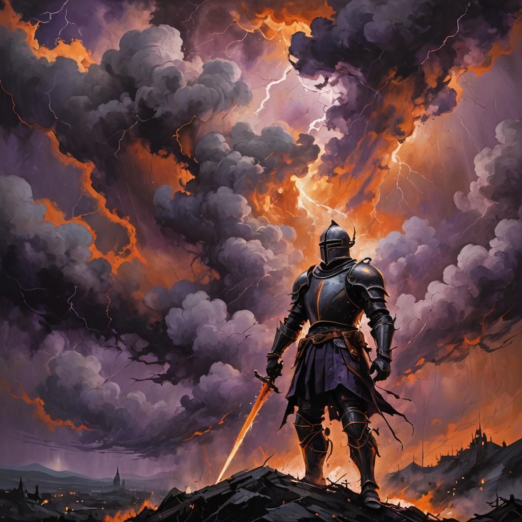 Gothic Knight in Expressionist Landscape with Lightning