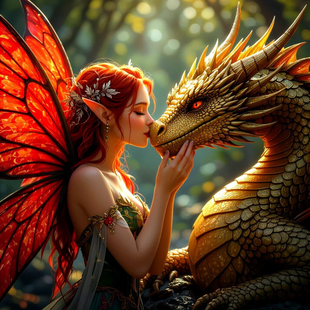 Loving Fairy Kisses Golden Dragon in Fantasy Art