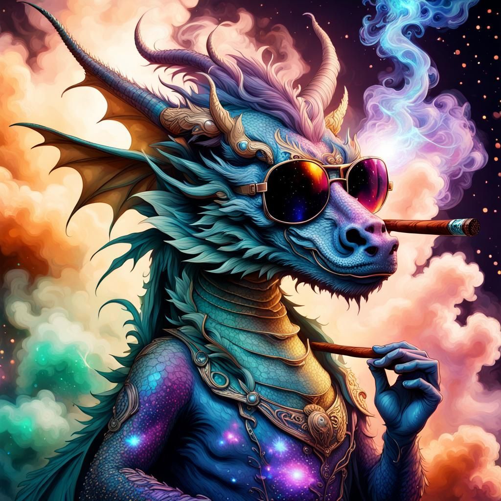 Faerie Dragon with Cigar: Cosmic Mixed Media