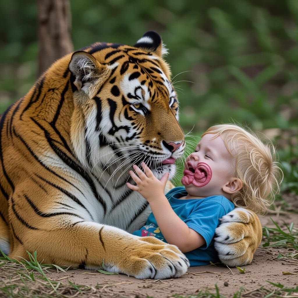 Tiger and Child with Deformed Face: Dreamlike Image