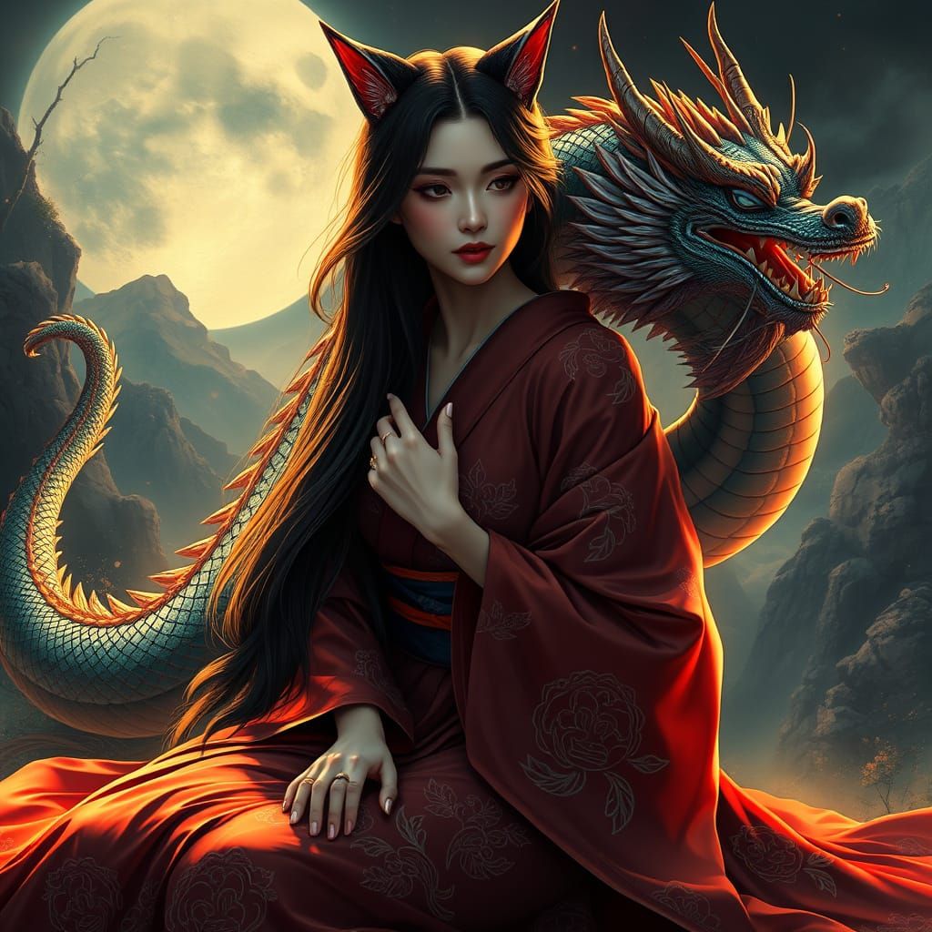 Serene Yakuza Woman in Majestic Kimono with Dragon and Cat E...