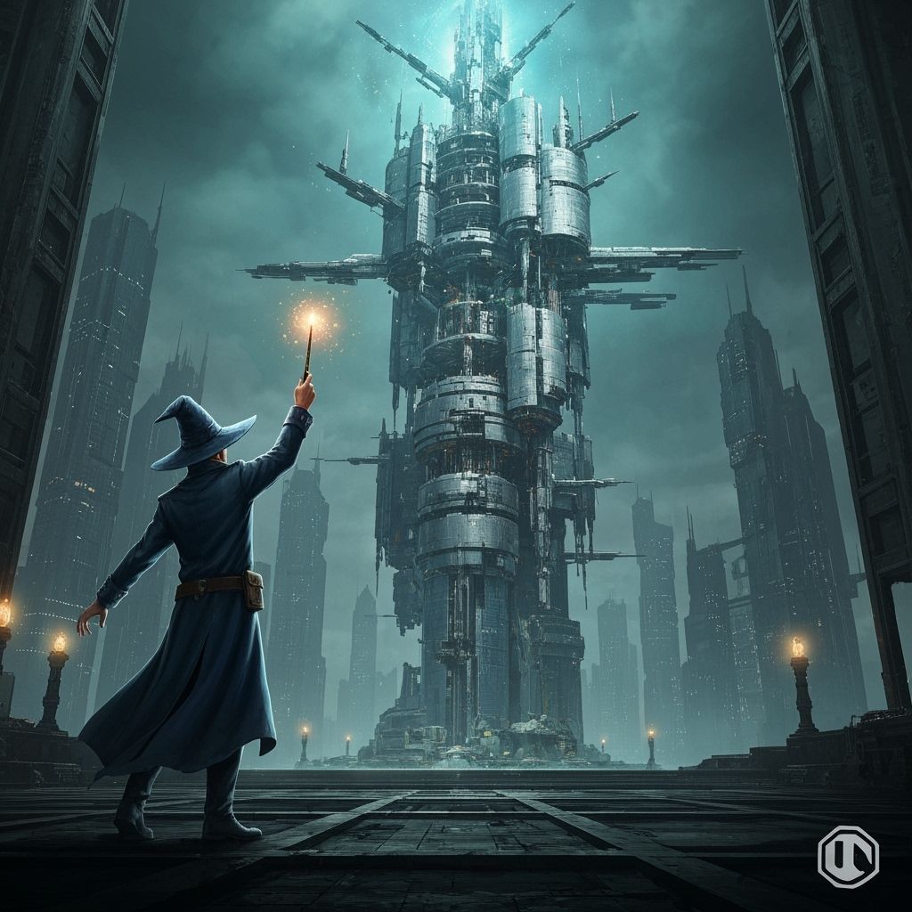 Wizard Architect Building Futuristic City with Magic
