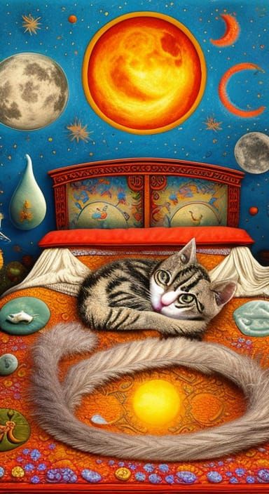 Woman and Cat in Surreal Sun and Moon Bed