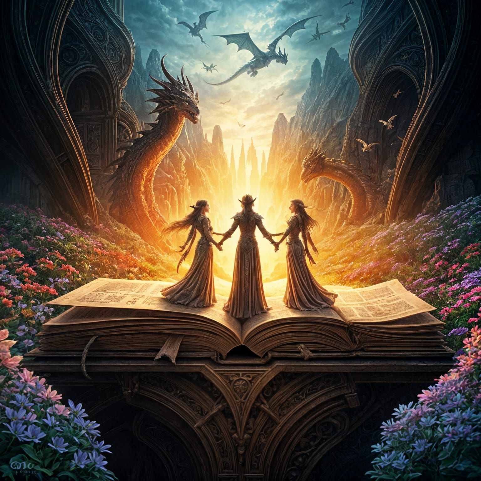 Enchanted Book Portal with Dragons and Elves