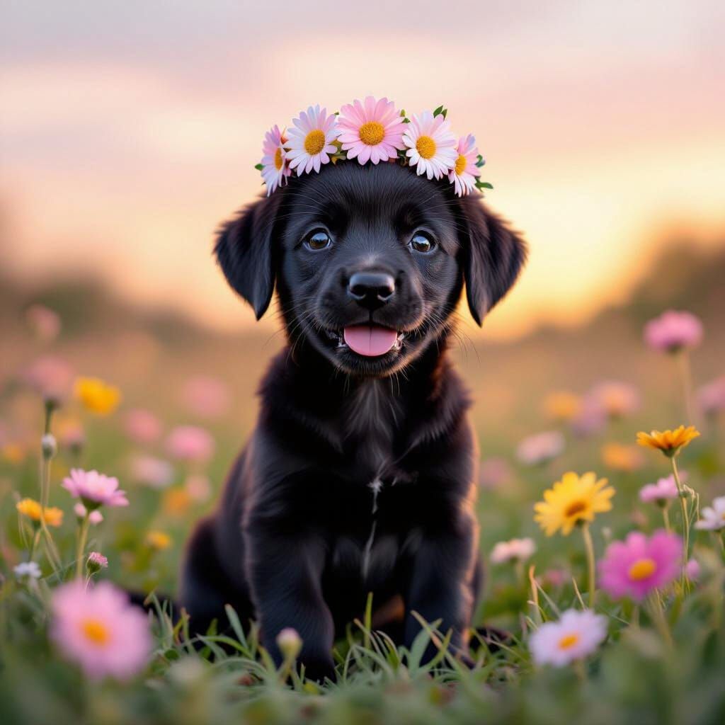 Labrador Puppy with Daisy Crown in Pastel Style