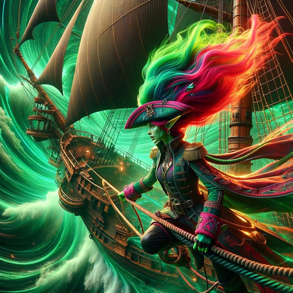 Cyberpunk Pirate Queen in a Whirlpool of Neon Green