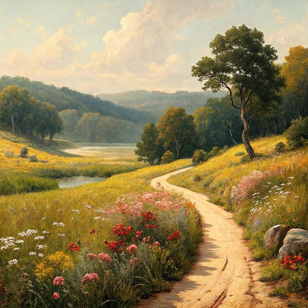 Hyperrealist Rural Landscape in Rockwell and Courbet Style