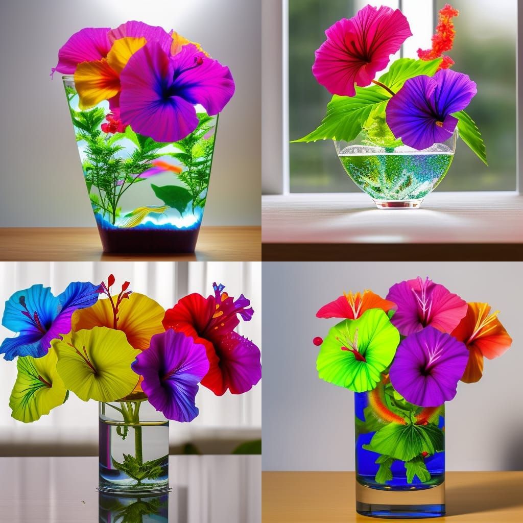 Neon Hibiscus and Betta Fish in Vase