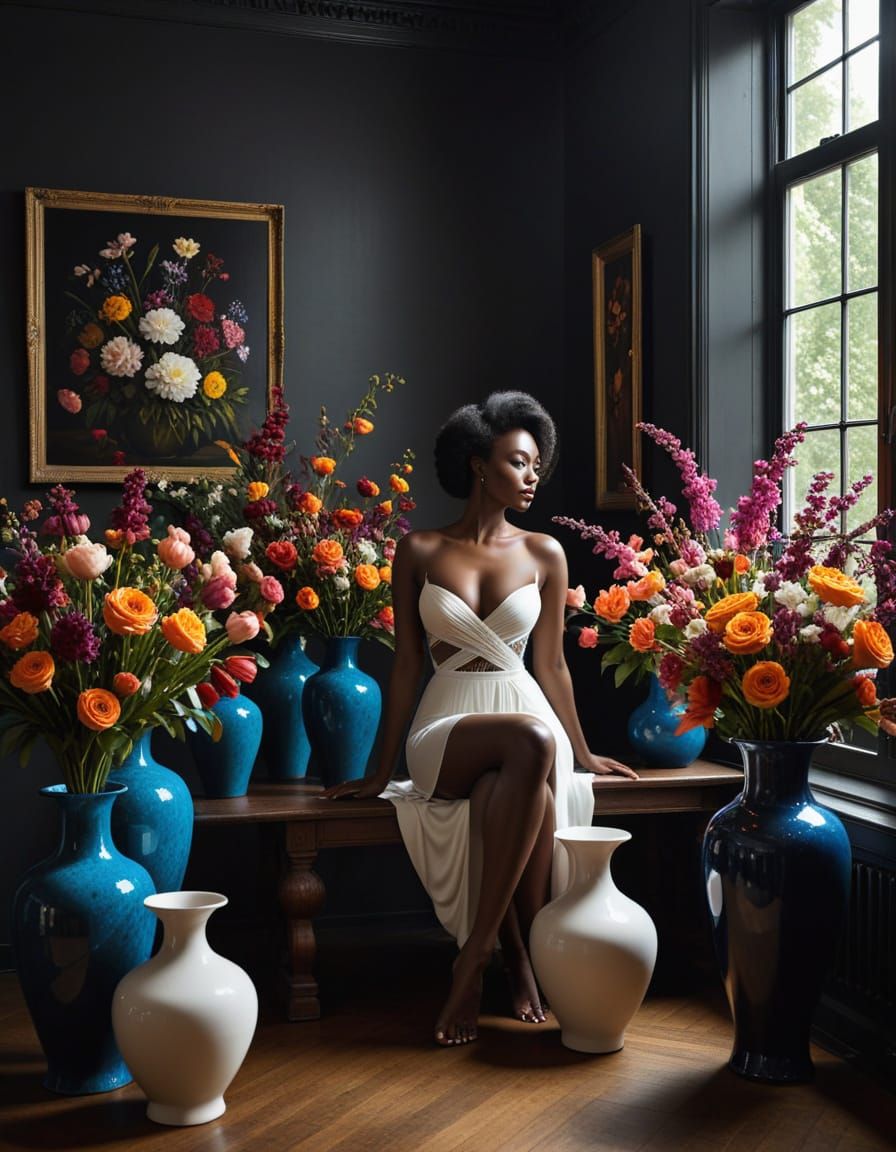 Sensual Dark Skinned Woman Surrounded by Flowers