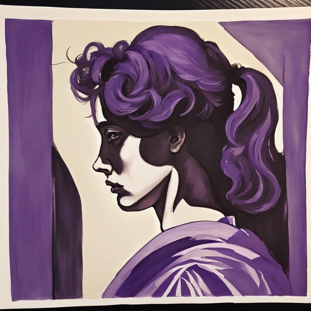 Purple Pony Girl in Gouache Ink Print Style