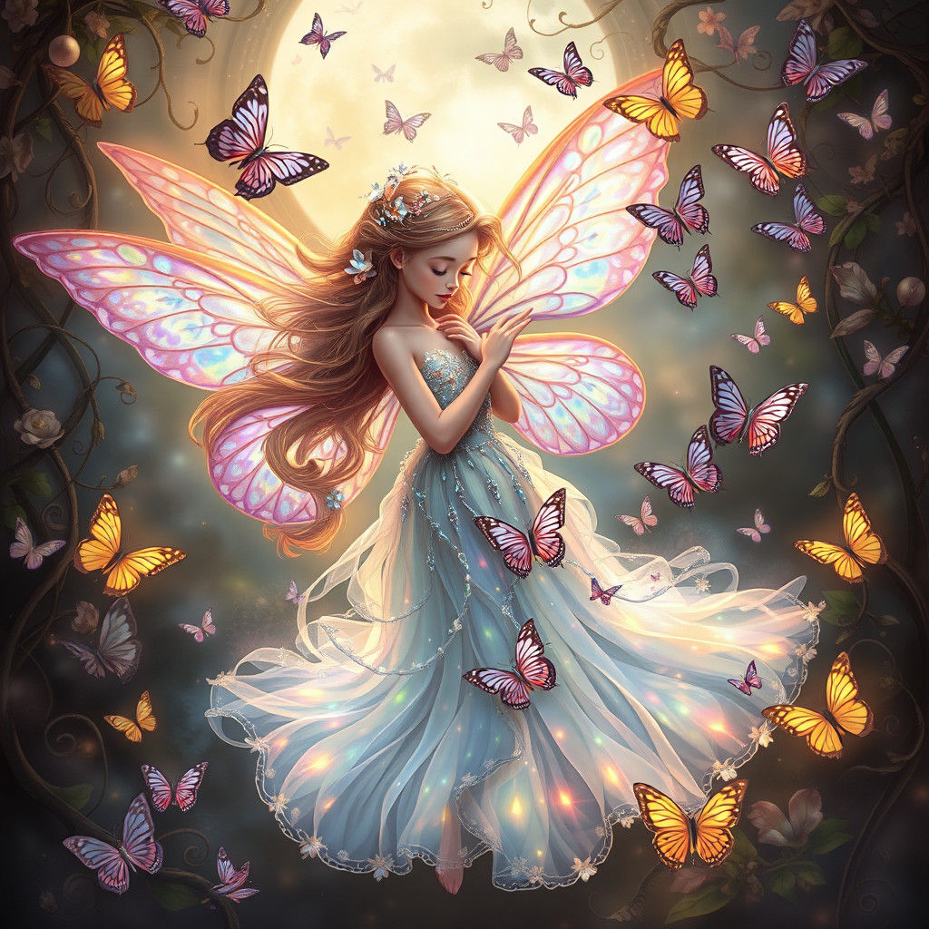 Iridescent Fairy with Butterflies in Dreamlike Setting