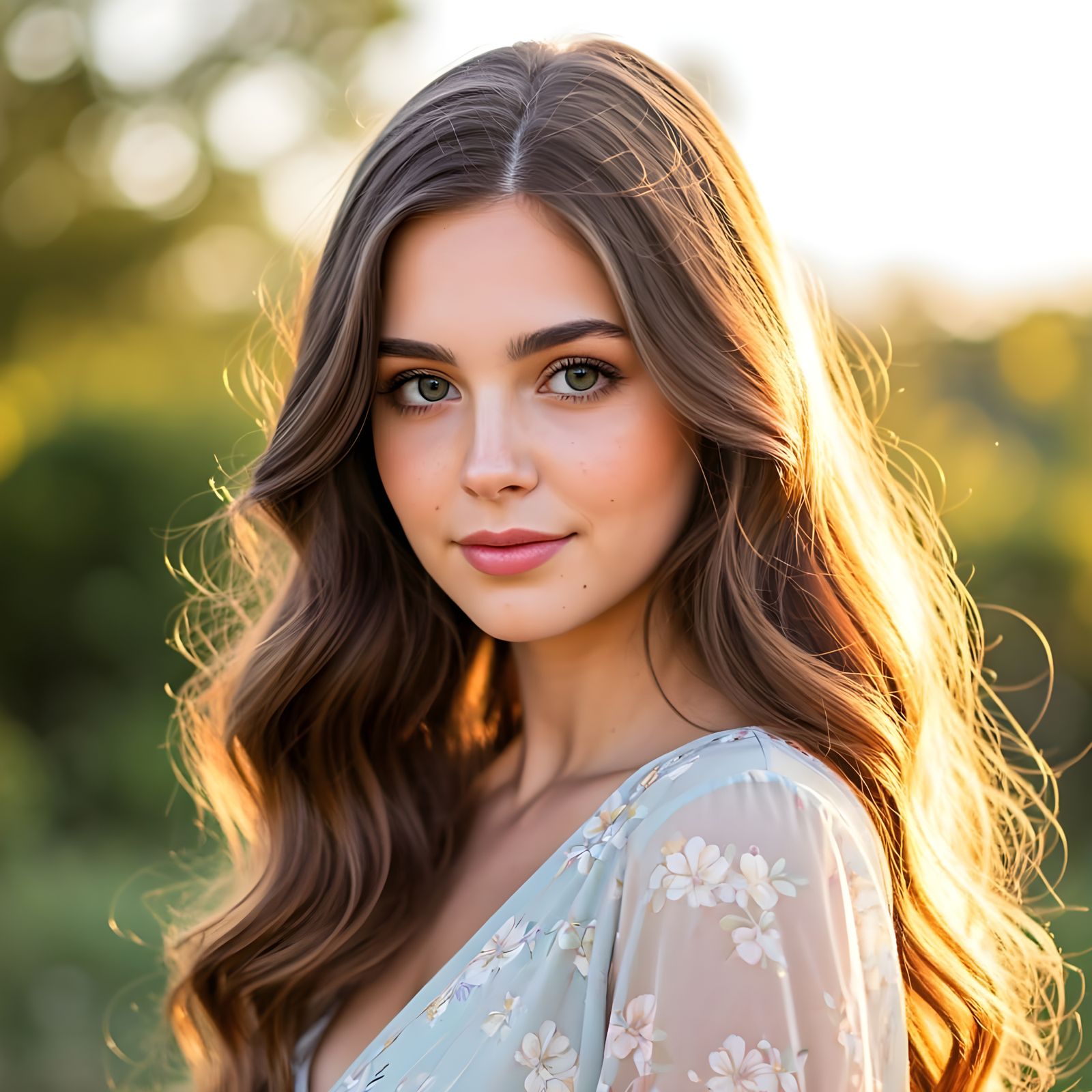 Radiant Woman in Sunlit Meadow: Hyperrealistic Portrait
