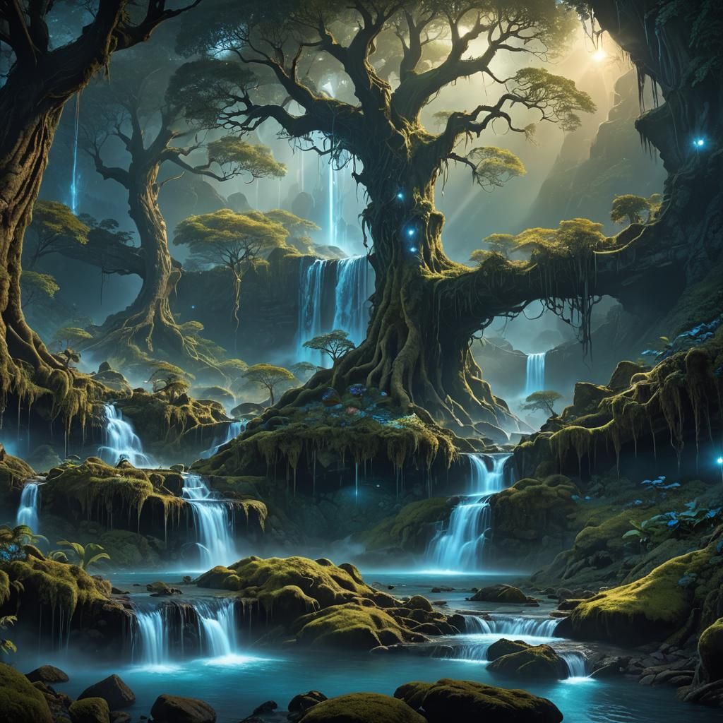 Fantasy Landscape Art with Glowing Nebulae