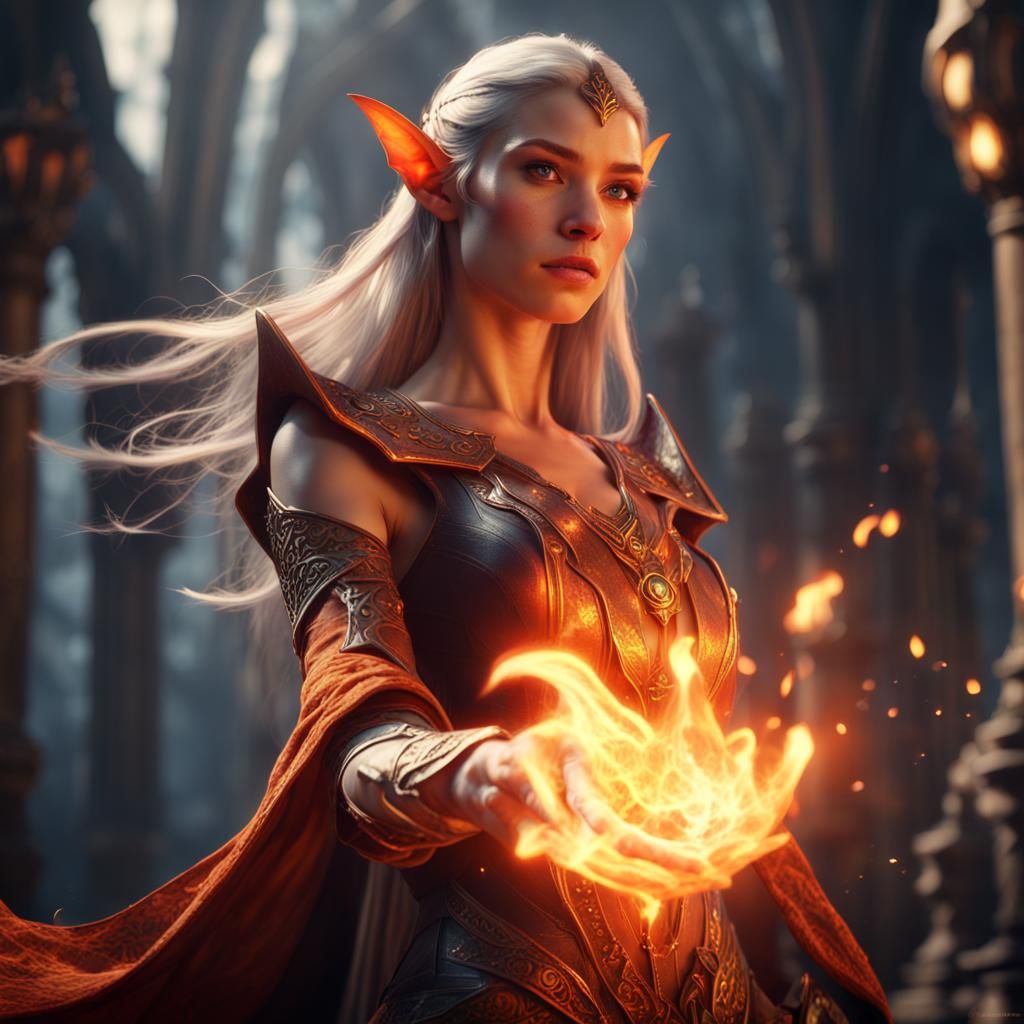 Elf Casting Fire Spell: Fantasy Concept Art