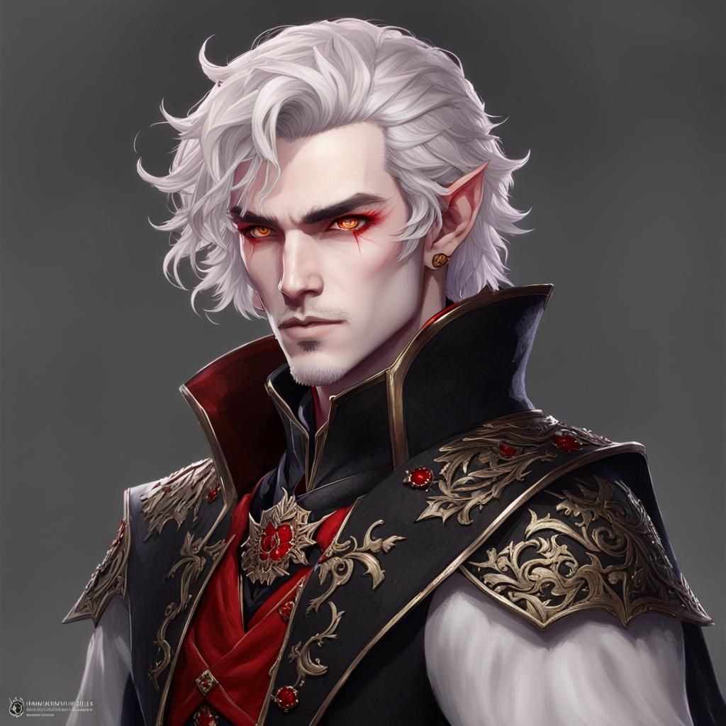 ""Astarion the vampire from Baldur's Gate 3 game. He is youthful, a high elf, handsome, and has white, curly hair, red e...
