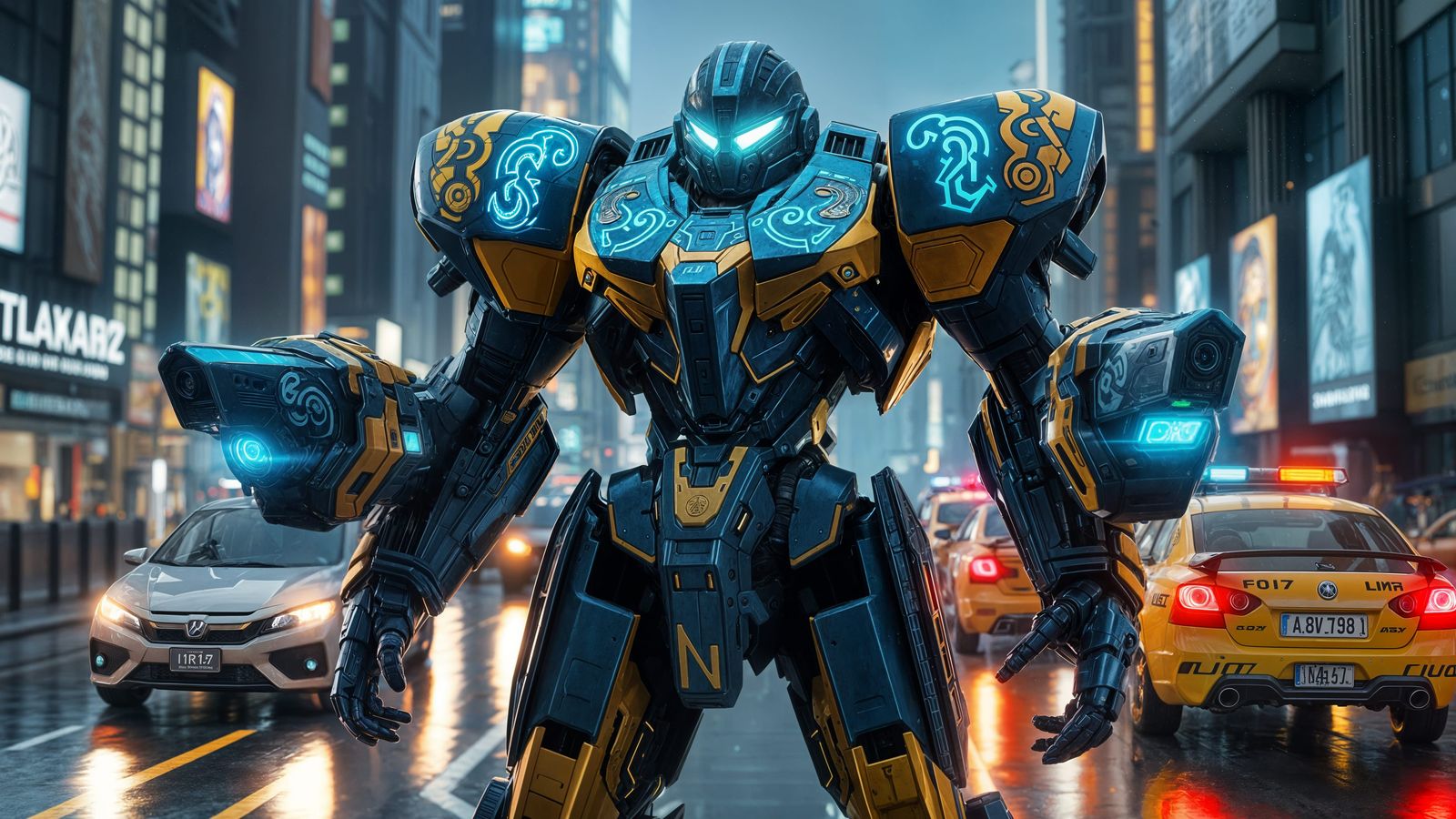 Cyberpunk Police Battle Suit in Dystopian Cityscape