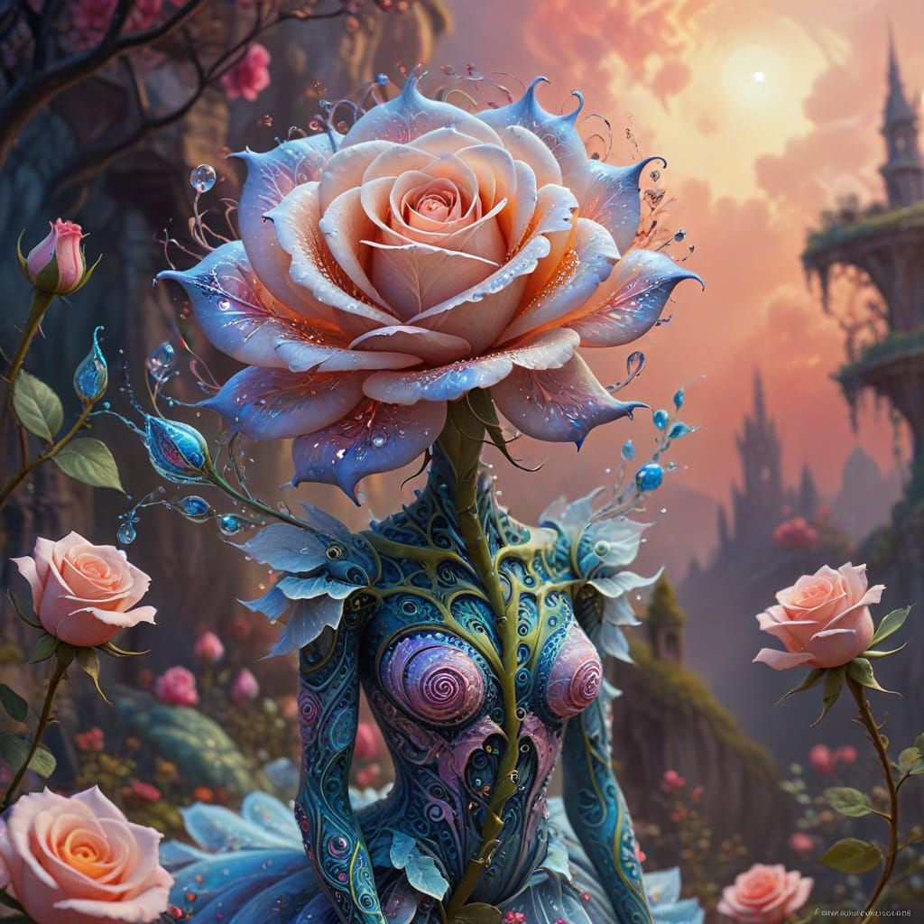 Ethereal Creature With Rose in Wonderland Landscape