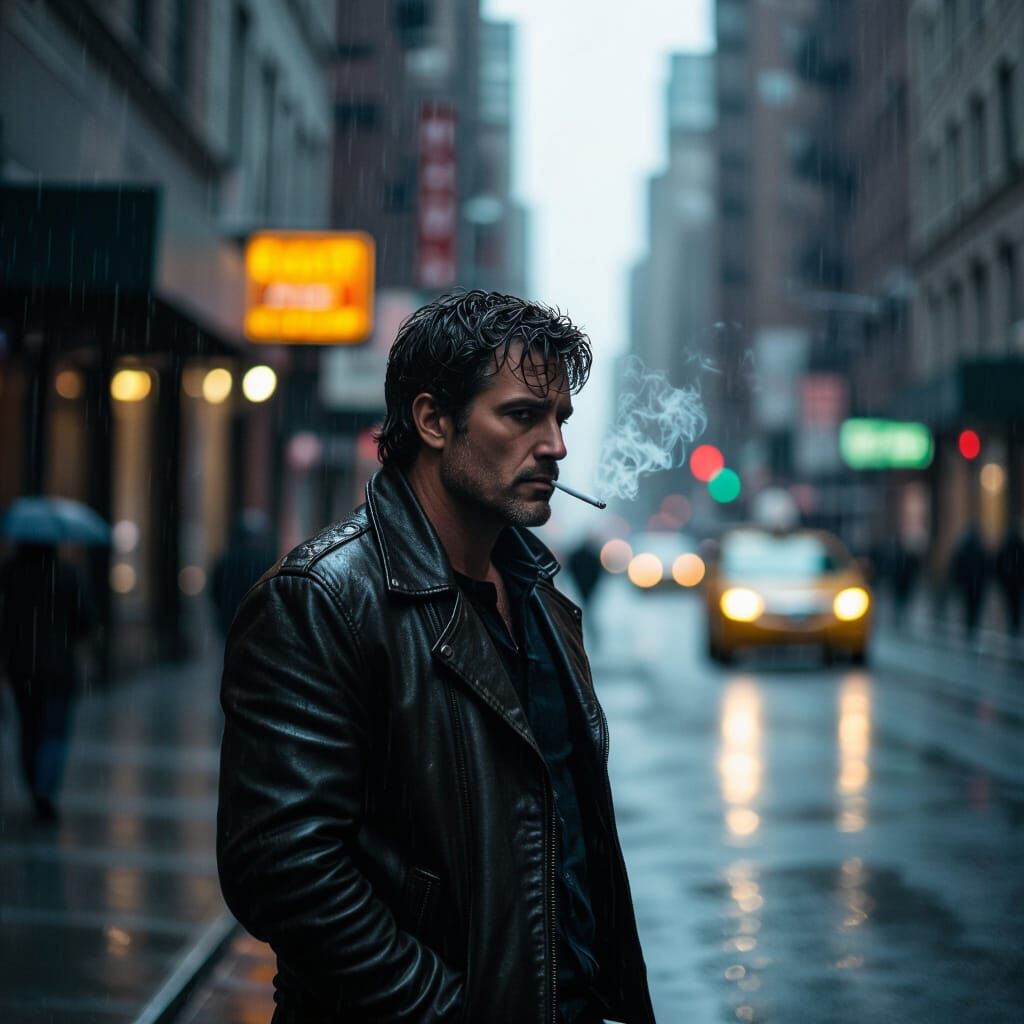 Hyperrealistic Man Smoking in Rainy New York