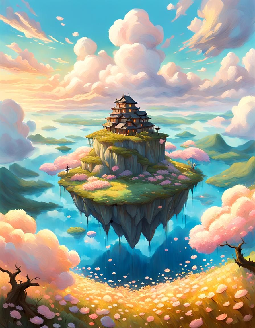 Dreamlike Floating Islands in Vibrant Oil Painting