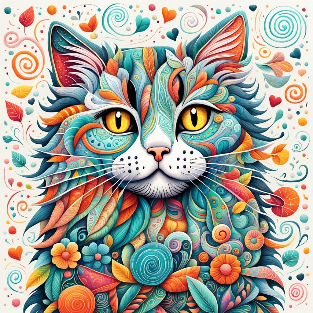 Whimsical Cat Surrounded by Colorful Doodles