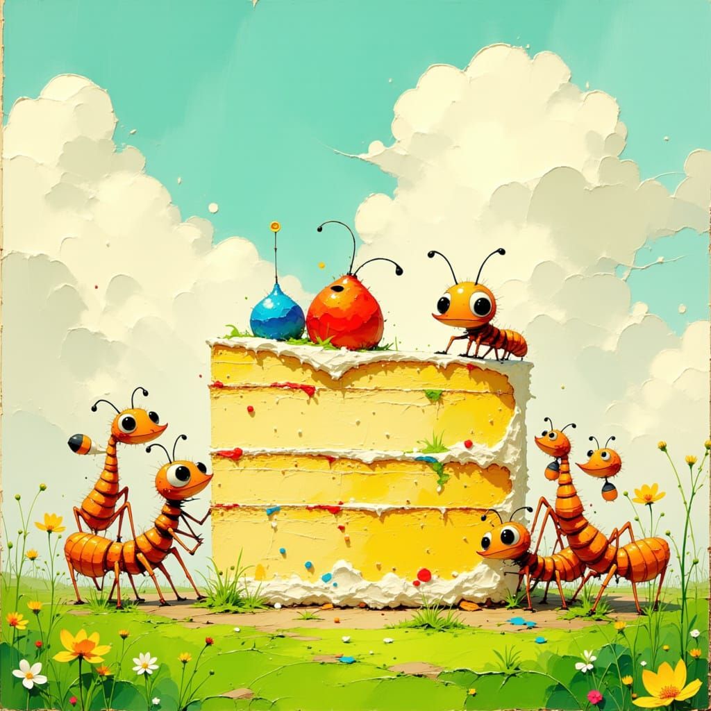 Cartoon Ants Enjoying Cake, Glossy Acrylic Style