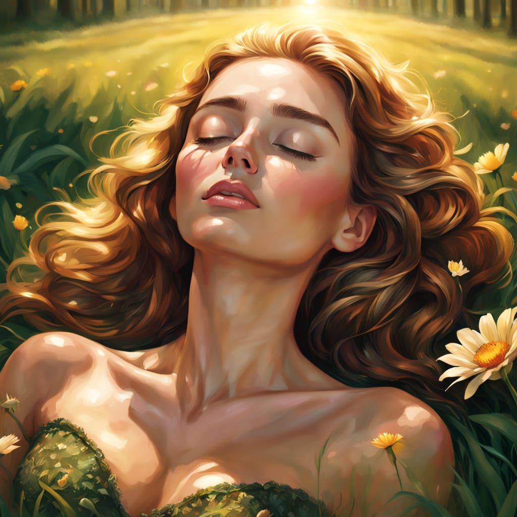 Serenity in a Vibrant Meadow, Hyper-Realistic Oil Painting S...