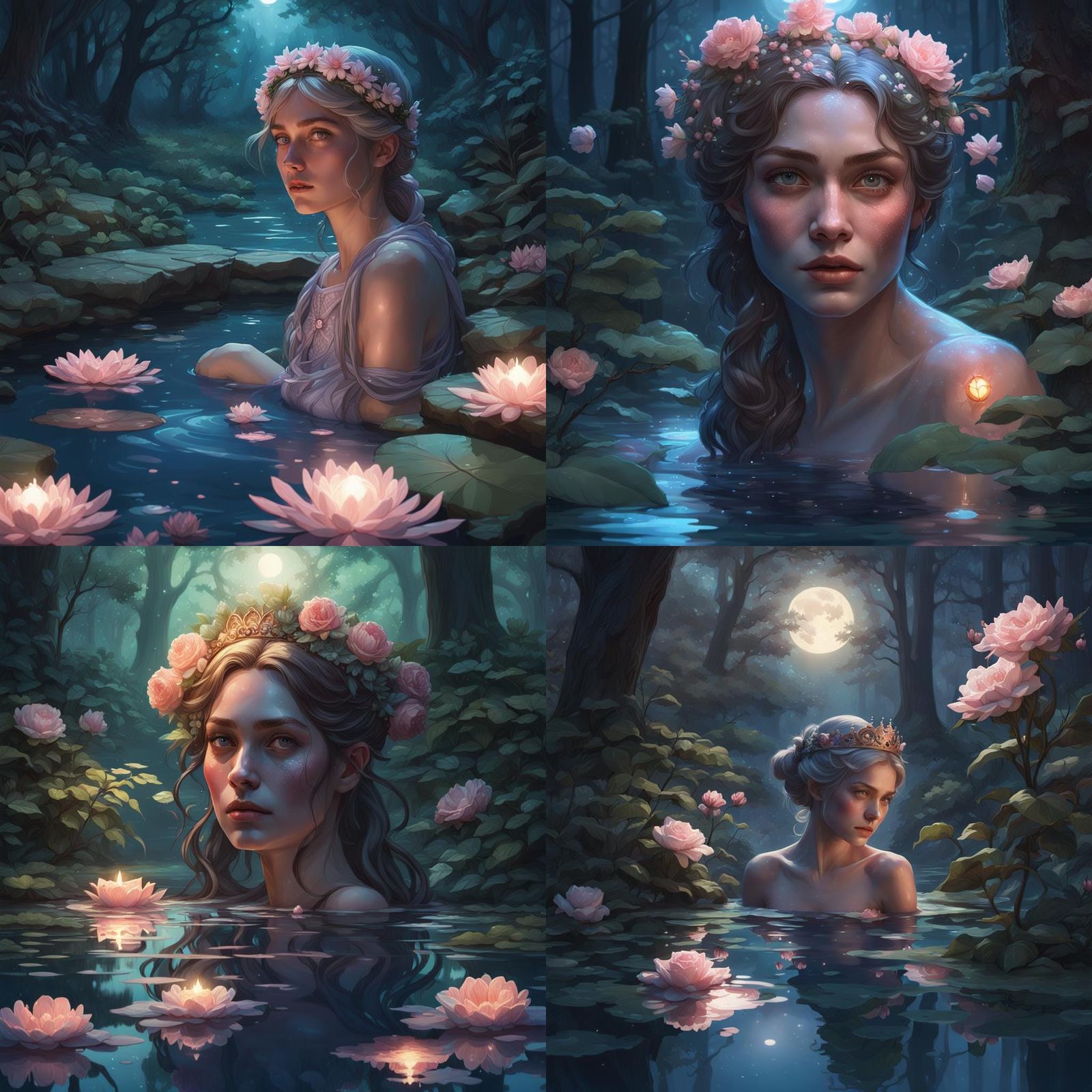 Moonlit Princess Bathing in Forest Pool