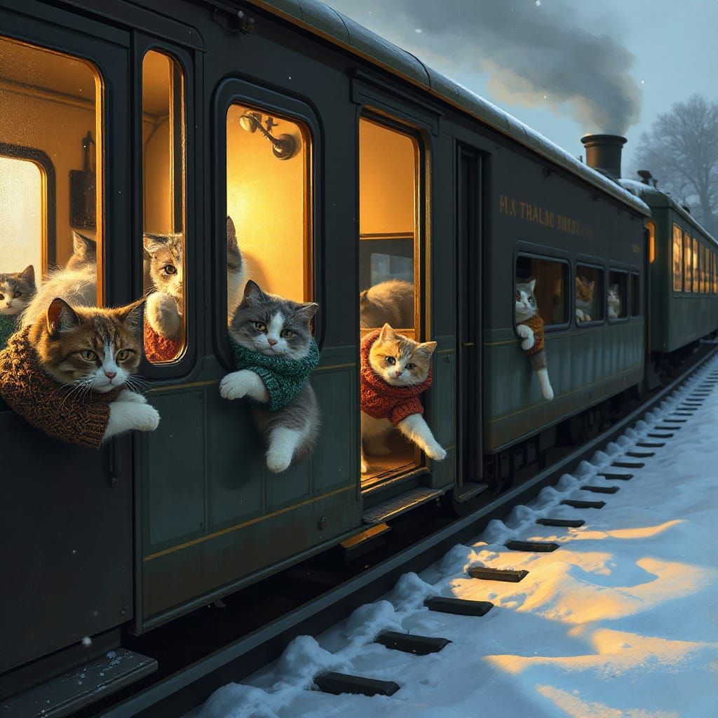 Fluffy Cats Board Winter Train in Modigliani Ghibli Style
