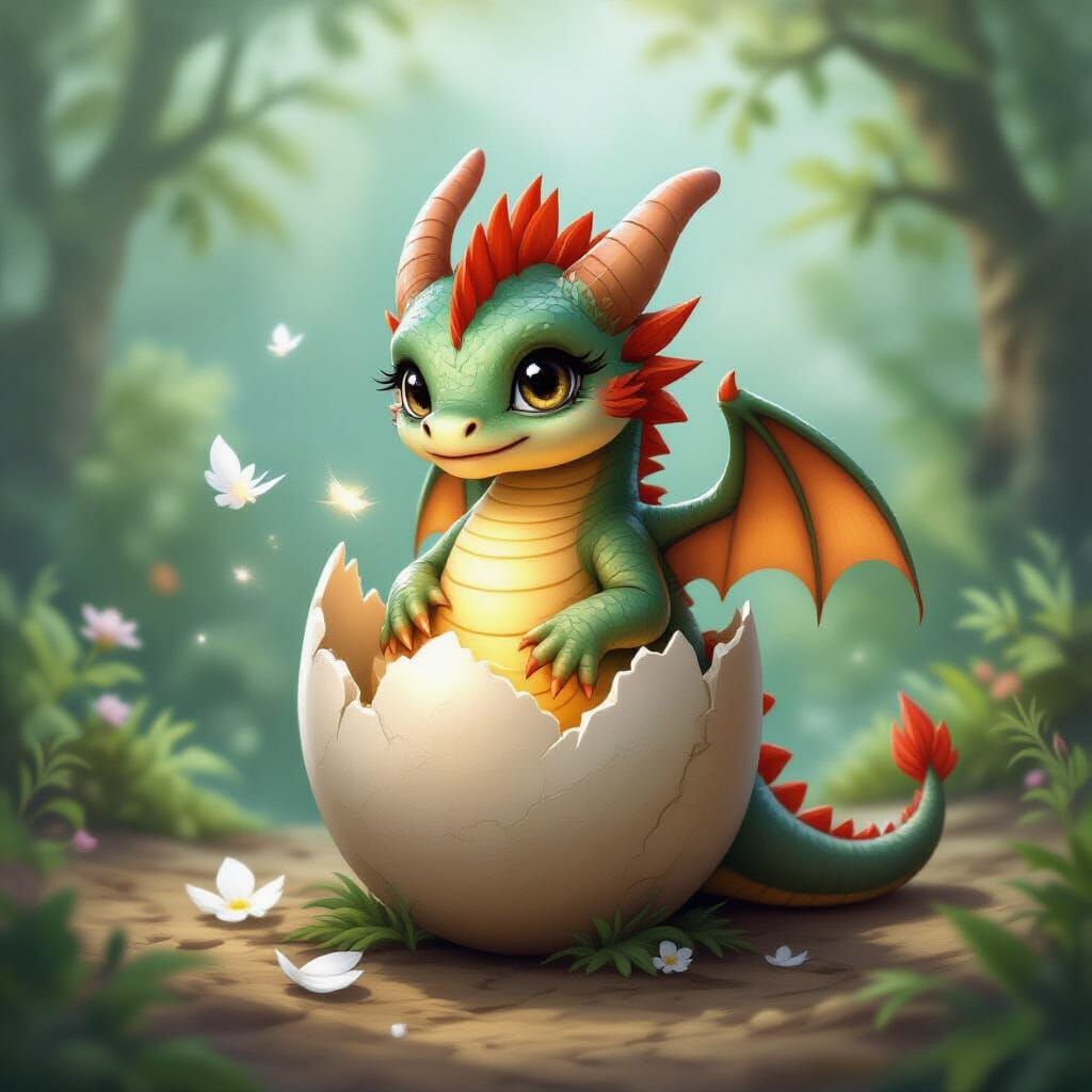 Baby Dragon Hatching in Ethereal Fantasy Style