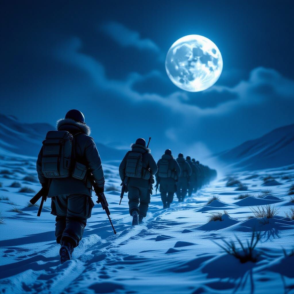 Soldiers Advance in Cold Moonlight - Photorealistic War Film...